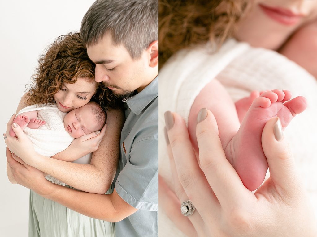 light-skinned mother and father holding newborn baby wrapped in white and detailed shot of moms hand on baby's feet - sw portland newborn photography studio