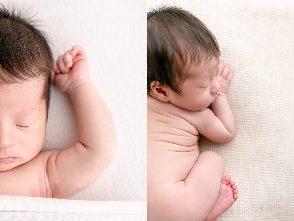 detail images of newborn baby on white backdrop