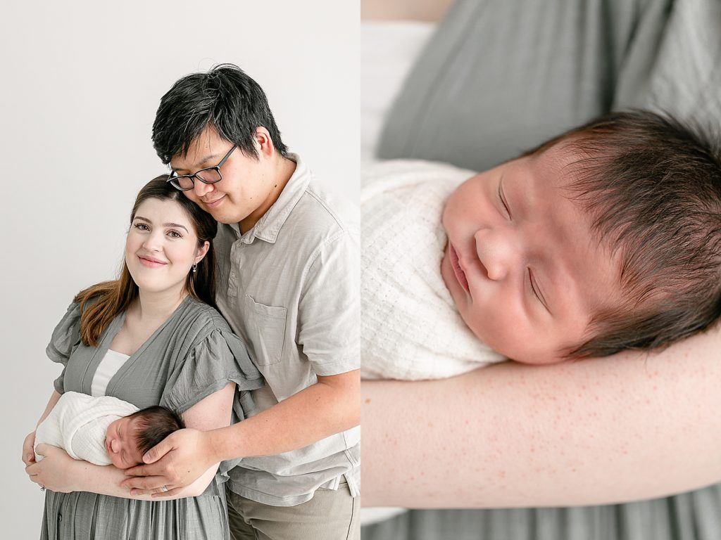 Mom and dad in light neutral tones for newborn photography session