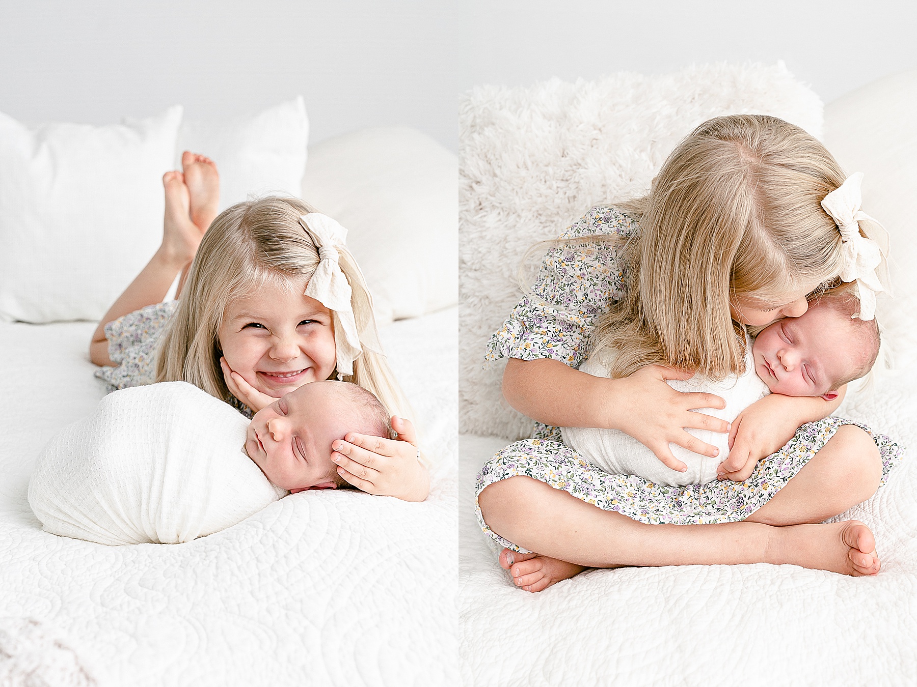 big sister holding newborn wrapped in white swaddle at studio newborn family photography session in se portland oregon