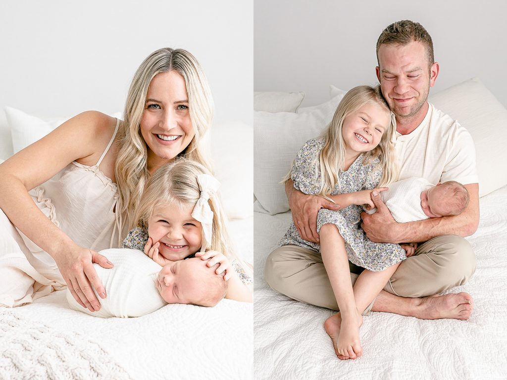 Mom and dad with toddler and newborn all wearing light neutral tones - light and airy family newborn portraits