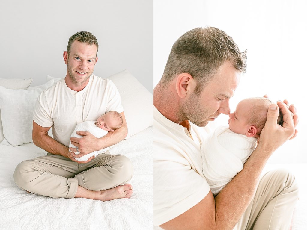 light-skinned dad with baby both wearing light neutral colors - light and airy newborn photography