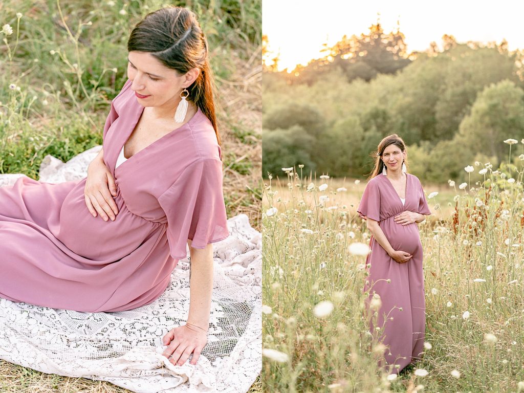 pregnant woman taking maternity portraits out in nature