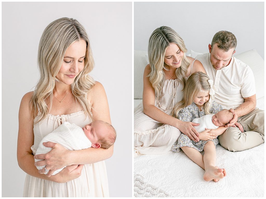 light-skinned family dressed in light neutral colors for studio newborn portraits