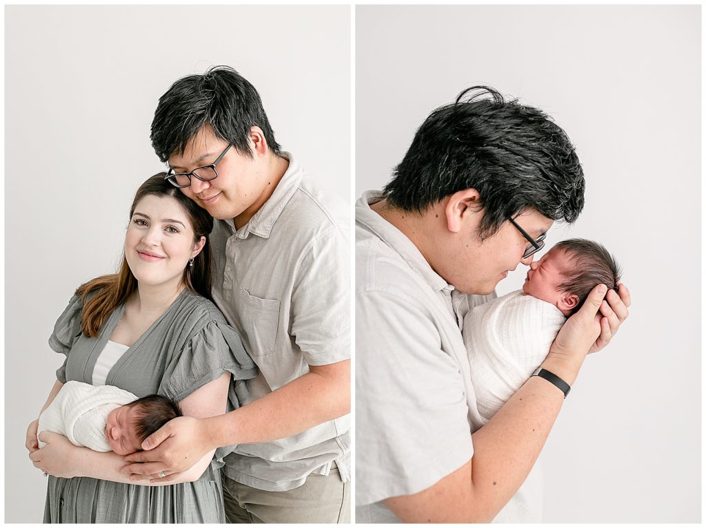 Mom and Dad in light neutral tones and colors at their studio newborn photo session