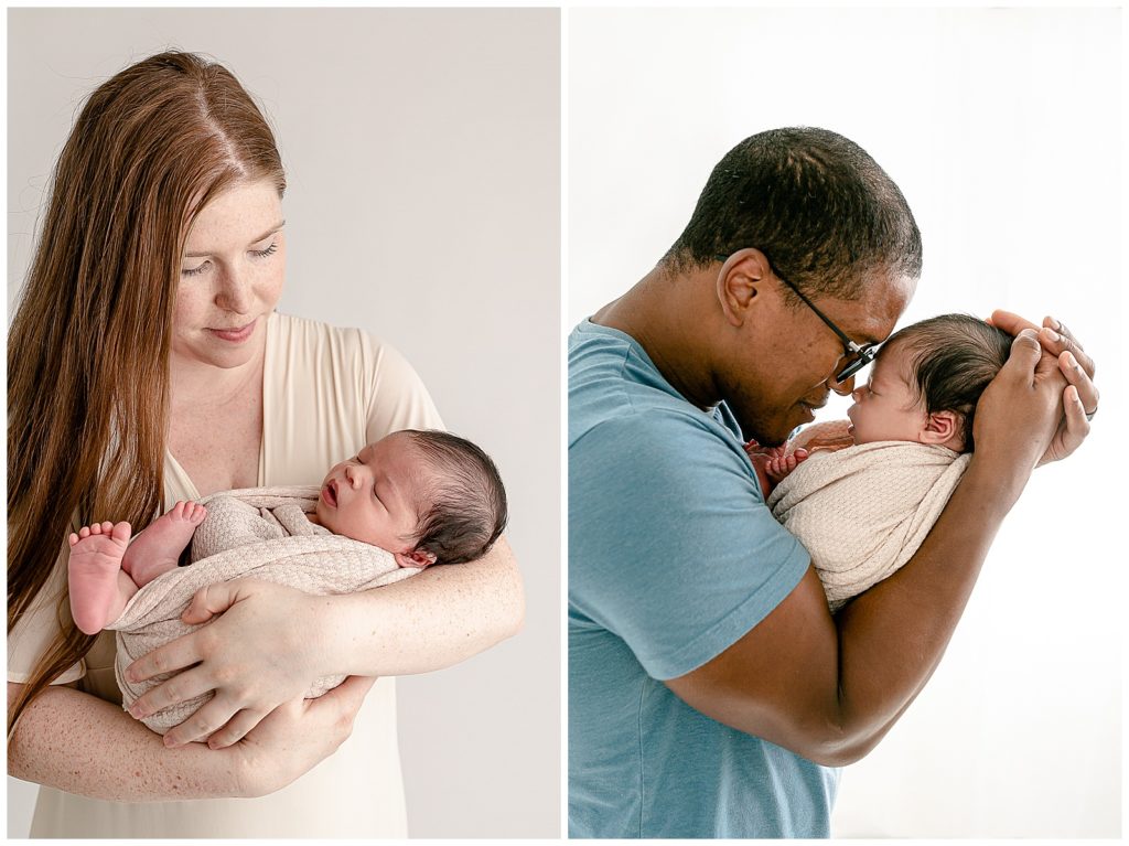 mom dressed in beige holding baby wrapped in beige and dad wearing light blue holding baby swaddled in beige at studio newborn portraits