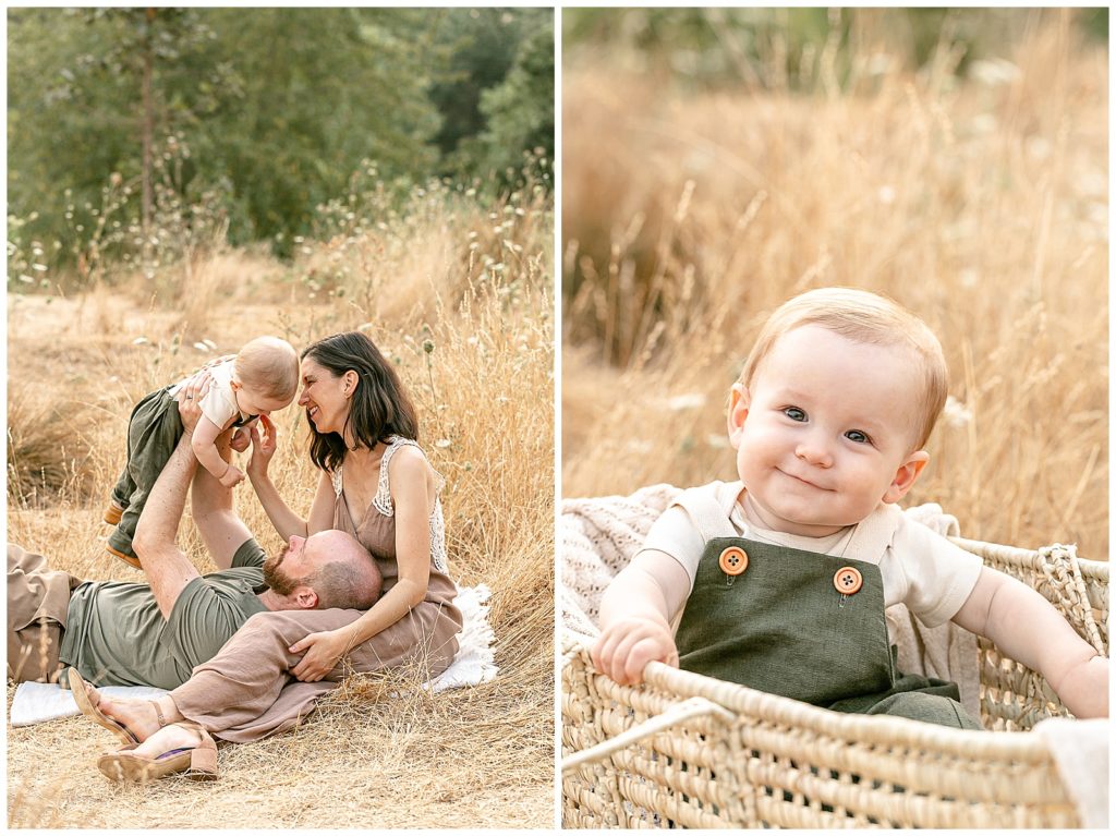 One Year Old birthday session with family dressed in greens, creams and khaki Portland Oregon