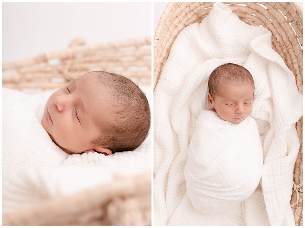 New Baby wrapped in white swaddle laying in a Moses basket.