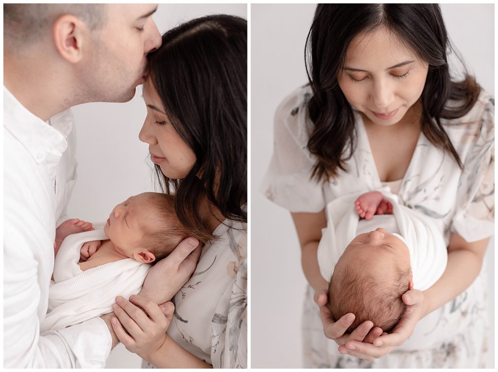 Photo on left of Mom and Dad dressed in light neutral colors. Dad is holding baby at chest and mom's chest is at baby's head. Dad is kissing Mom's forehead while Mom looks down at baby. Photo on the right is of Mom holding baby at chest with his head in her hands and she is looking down at him at their Portland Newborn Photo Session.