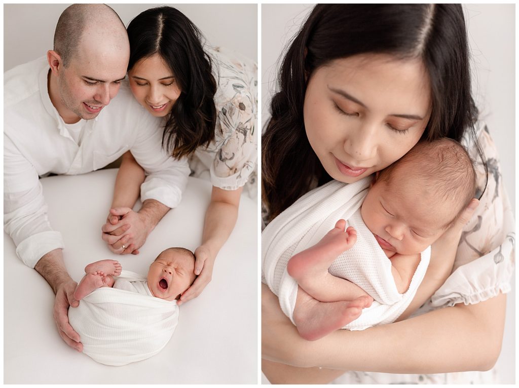 Photo on left is of baby wrapped in white laying on a white blanket. Mom & Dad are looking at baby and holding hands. Their other hands are holding baby. Both parents are dressed in light, neutral tones and colors at their newborn photo session. 