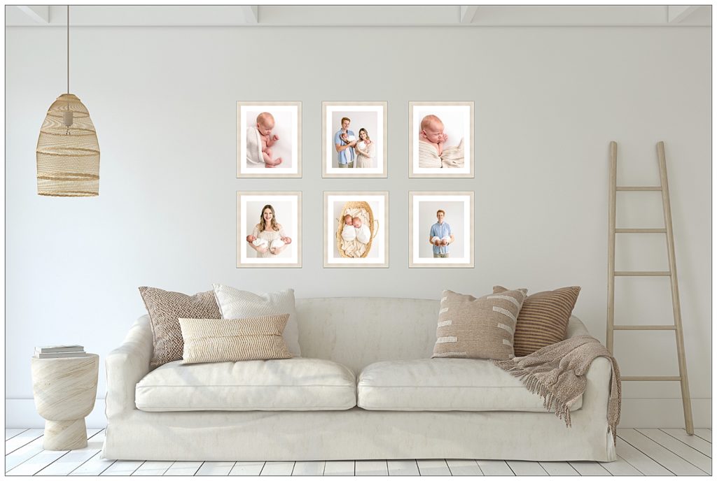 Photo Gallery Wall Mock-up of 6 framed photos from a twin newborn photography session.