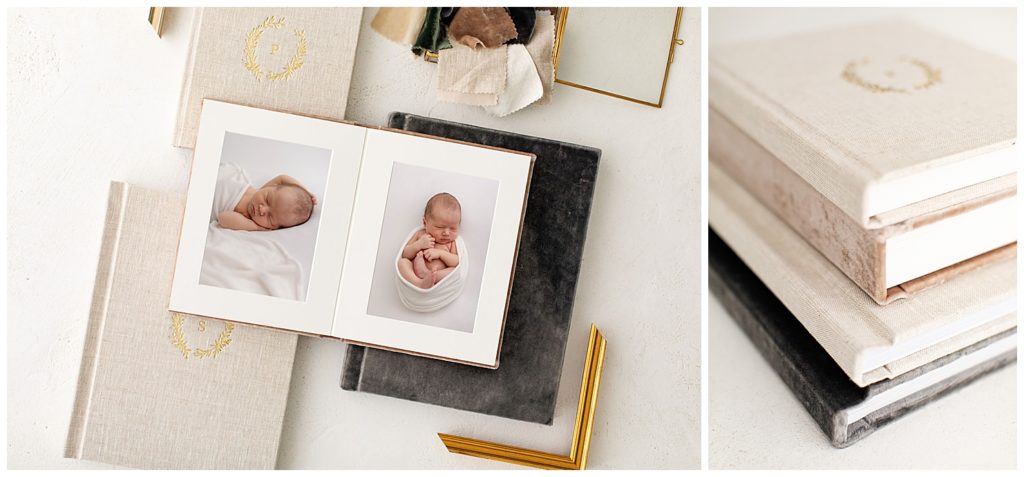 Matted album mock-up of a newborn photography session in a blog post about helping you print your photos.