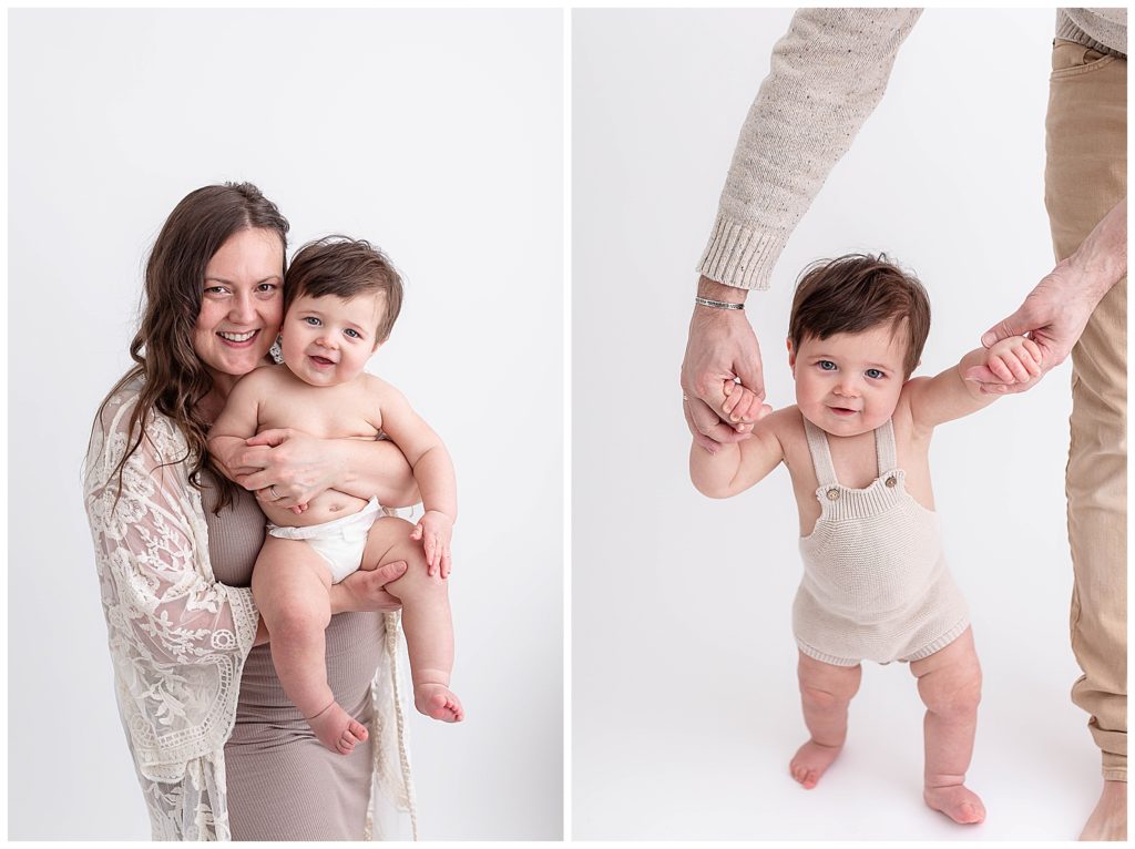(Left Photo) - Light-skinned mom in taupe dress holding nine month old baby. Both smiling and looking at camera. (Right Photo) Adult holding 9 month old baby's hands while baby takes steps towards the camera. Baby wearing tan knit romper. 
