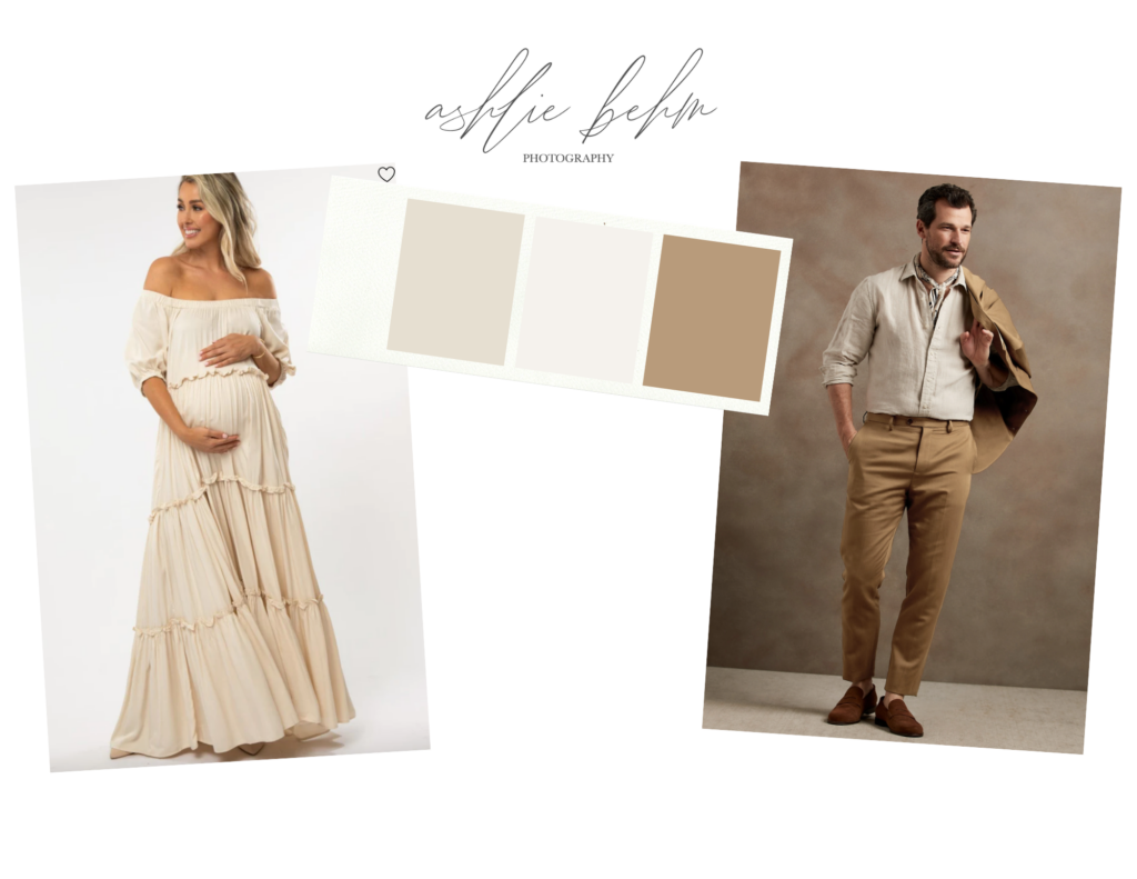 Style Board featuring neutral color tones. Womans Maternity dress in cream found on Pink Blush. Mens outfit in khaki and cream found on Banana Republic. Spring Maternity session.
