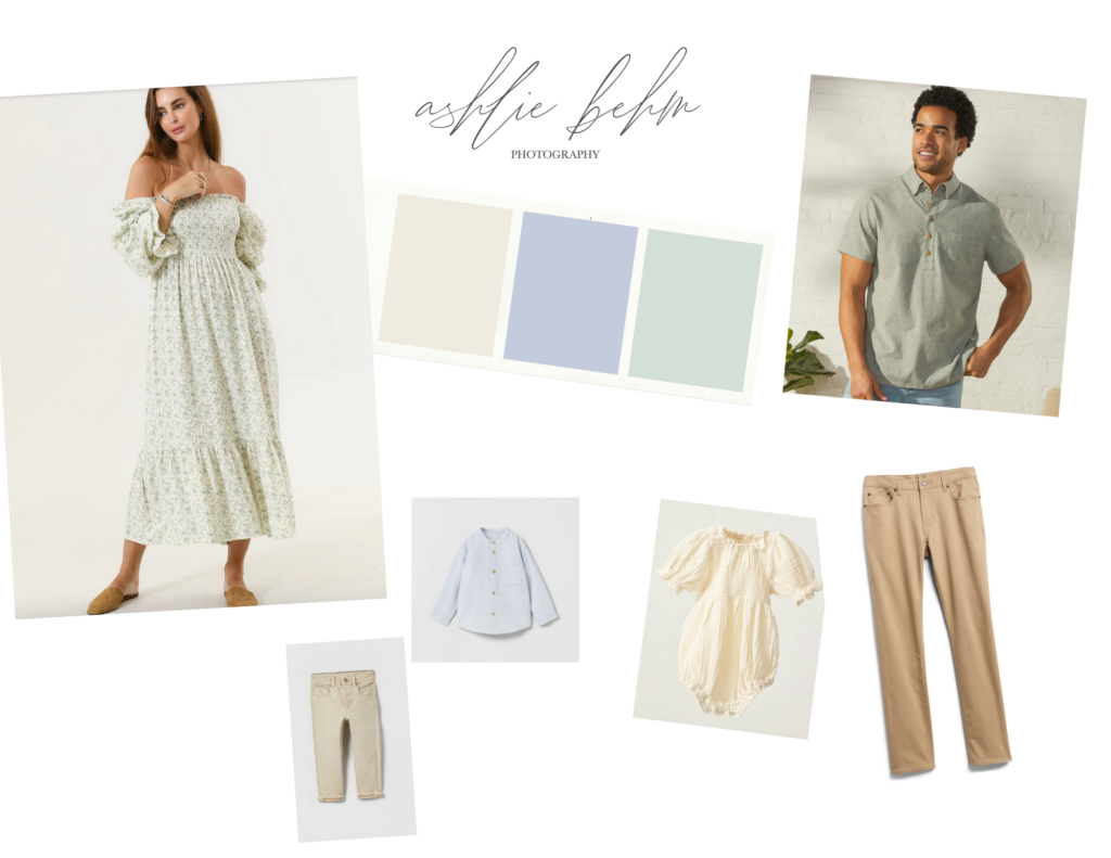 Light blue and light green color scheme for spring family photos. Mom in floral dress. Dad in green button up and khaki pants. kids in neutrals as well.