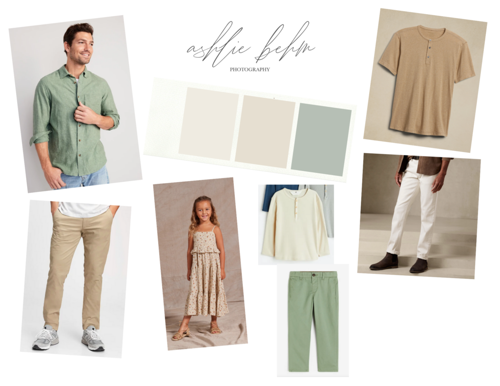 Beige & Green color scheme for styling spring family photos with two dads.