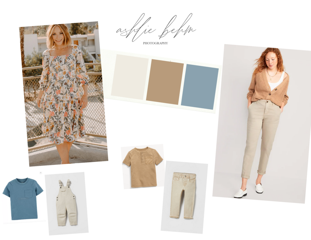 Blue and khaki color scheme for spring family photos. Styling Board featuring outfit ideas for two moms and two little boys.
