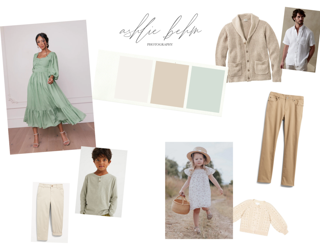 Spring Styling board for family photography session. Green, beige, ivory color palette. Outfit ideas for mom, dad, son and daughter.