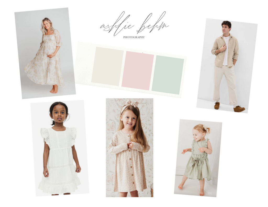 Color schemes for spring family photos for a family of four. Mom, Dad, and three little girls. Color palette of light pink, ivory, and sage green.