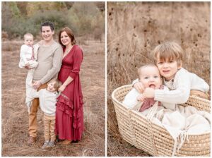 Family of four standing in a field of golden grass dressed in light neutral colors with mom in a mauve dress. Outdoors in a field of golden grass during fall family photo session. Family photography session tips for a portland oregon family photoshoot.
