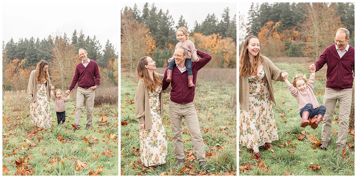 Series of three images of a family of three dressed in beige, pink, and maroon colors for fall family photos. 