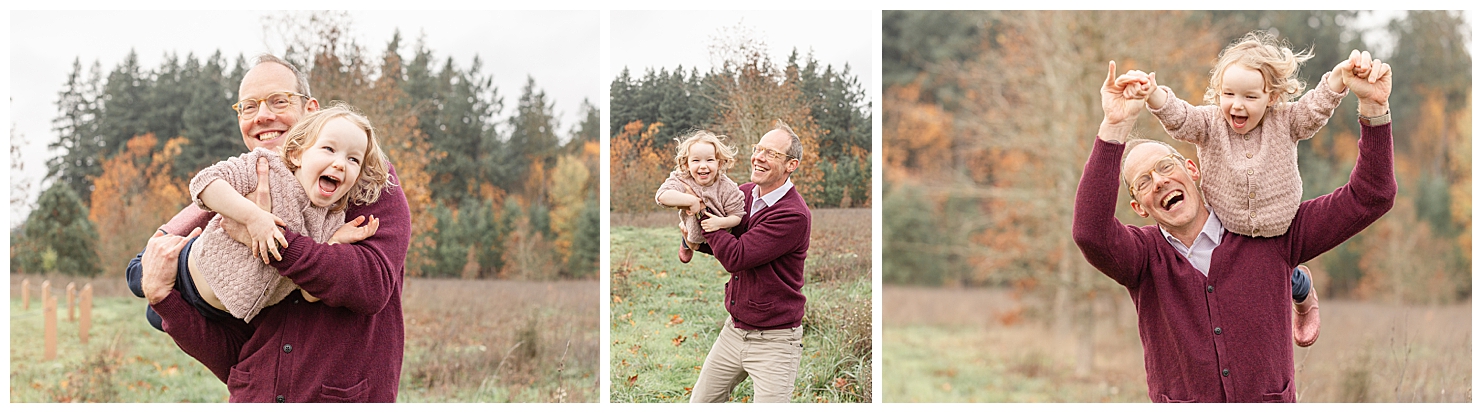 series of three photos of dad with little girl. Dad is flying her around in the air during their fall family photo session in Portland, Oregon. 