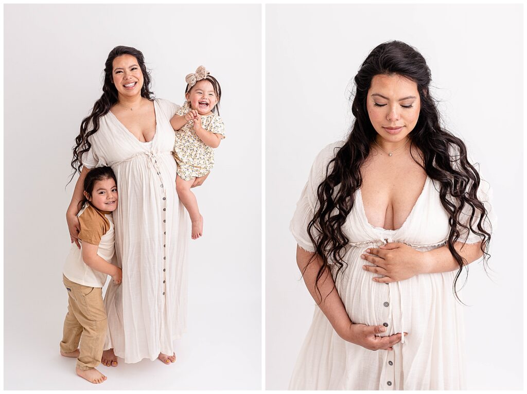 Pregnant mom with her 4 year old son and 1.5 year old daughter, all wearing neutrals and smiling at the camera during a studio maternity session in Portland, Oregon.