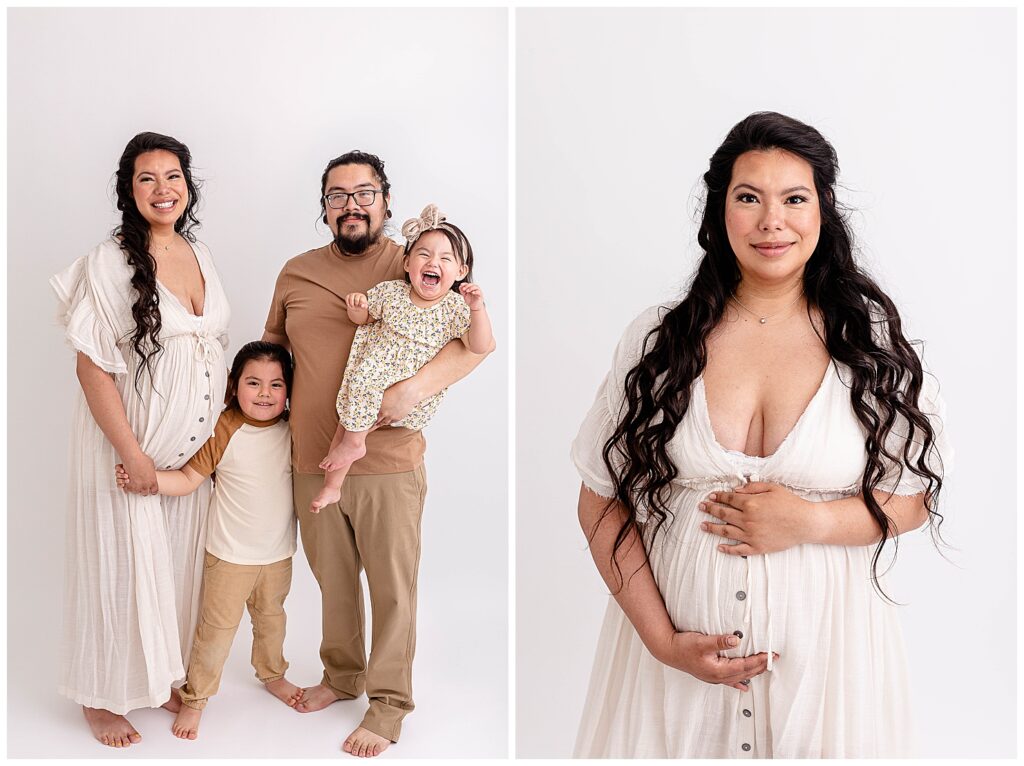 Family of four with baby on the way all dressed in neutrals, standing in an all-white portland photography studio.
