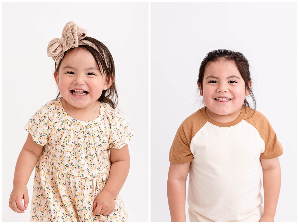 1.5 year old girl and 4 year old boy wearing neutrals and smiling at the camera. Images taken in all-white Photography studio in SE Portland.