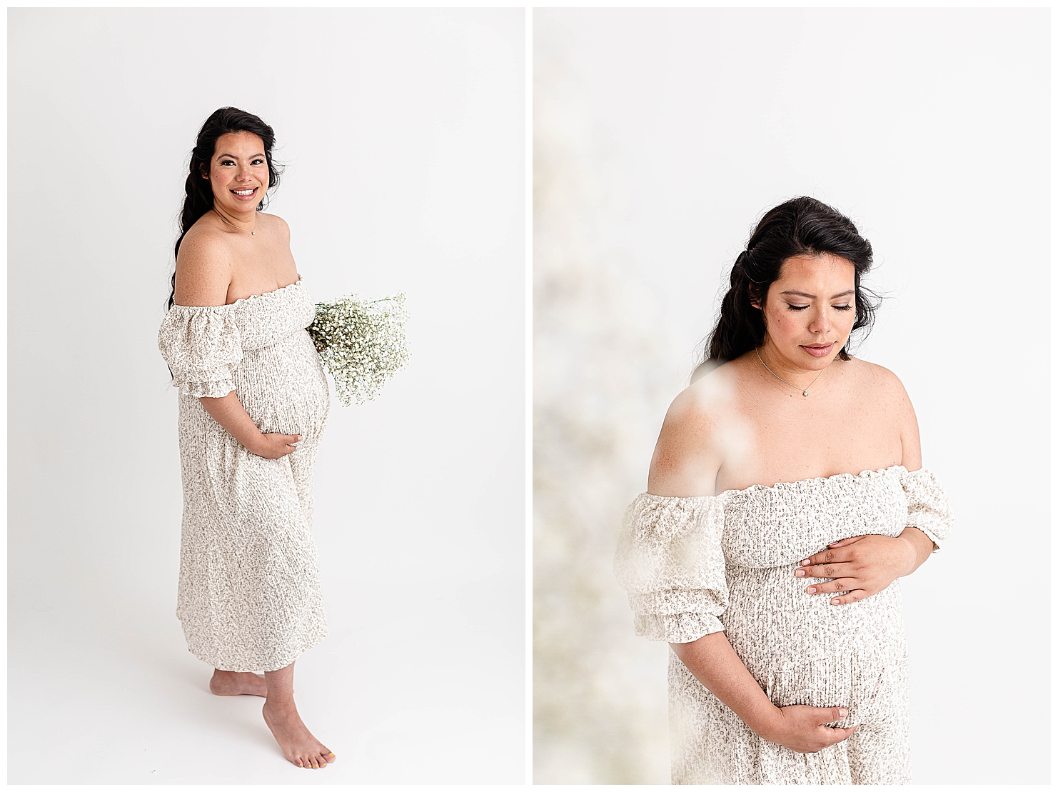 Pregnant woman in floral off-the-shoulder dress holding a bouquet of baby's breath in the image on the left and she is smiling at the camera. In the image on the right she is looking down at her belly. Photographs taken at all-white maternity portrait studio in Portland, Oregon.