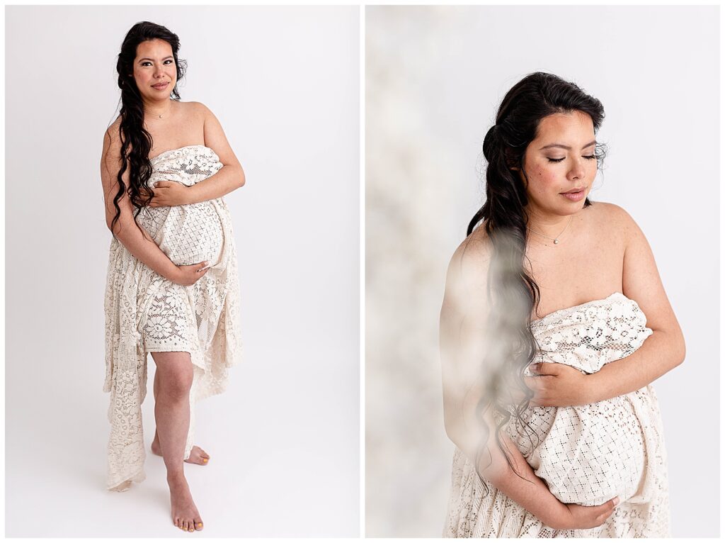 Pregnant Mom is holding up a crochet blanket over her at her intimate studio portraits in Portland, Oregon.
