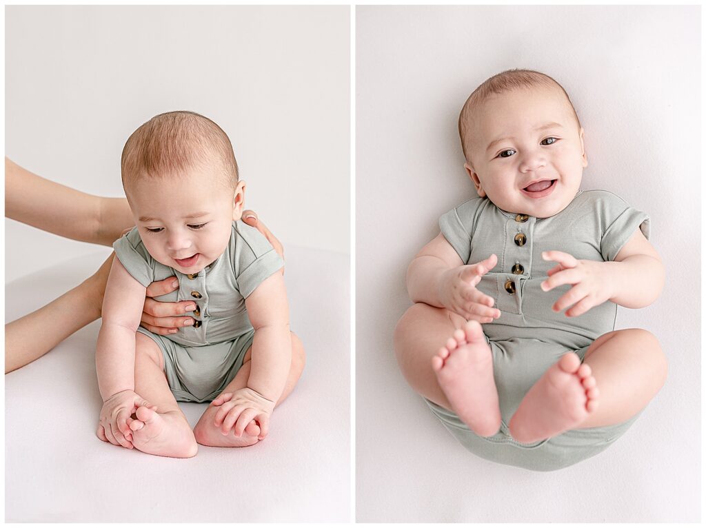 Five month old baby boy in sage green romper from Lou Lou & Co. The image on the left he is sitting, assisted by mom, and he's reaching down to touch his toes. In the image on the right he is laying on his back with his feet in the air and he is smiling up that the camera.