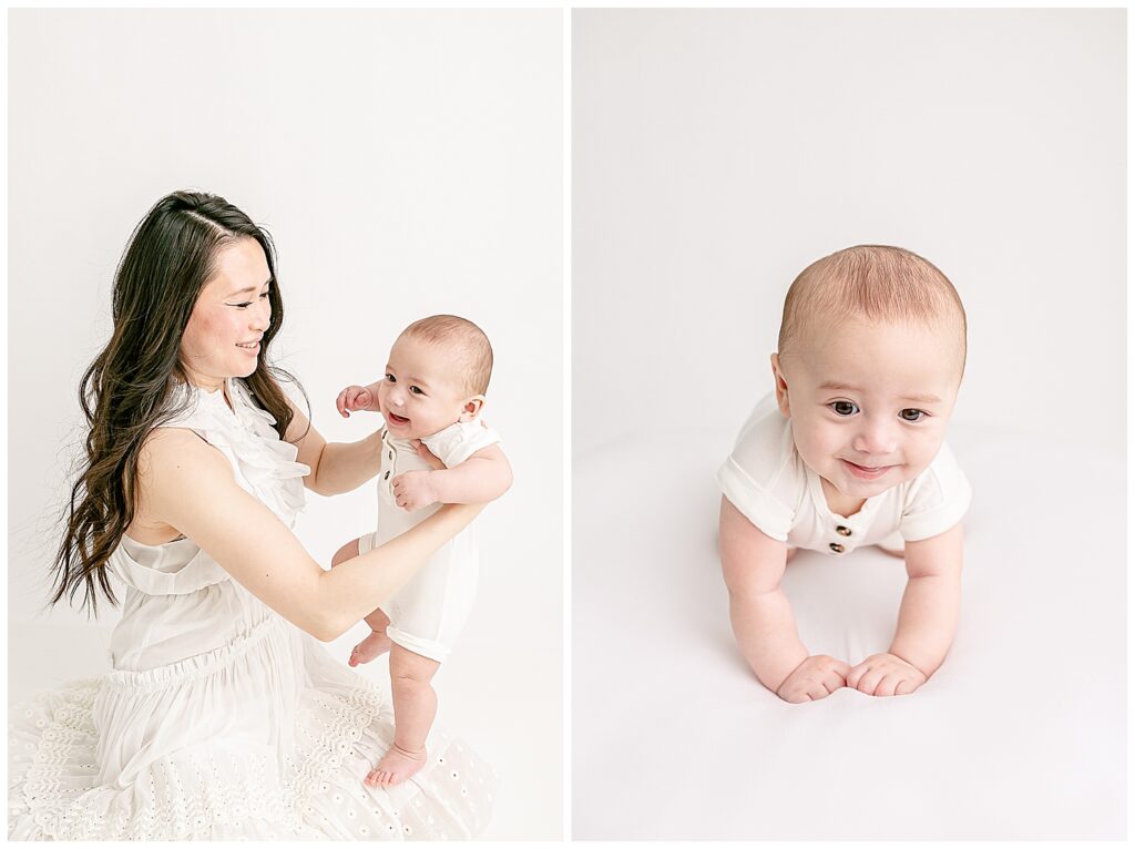 5 month old baby boy with his mom in the image on the right. They are both dressed in white. Mom is in a beautiful white designer gown with ruffles and lace details. Baby is in a White Lou Lou & Co romper. In the image on the left Mom is sitting and holding baby up and looking at him. In the image on the right baby is on his hands and knees and looking in front with a little grin on his face. Baby milestone photos at Portland photography studio.