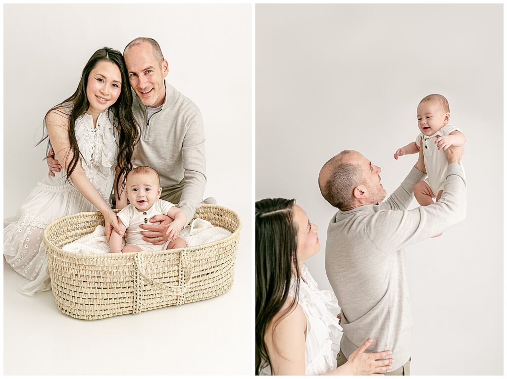 Family of 3. Mom, Dad and five month old baby. Everyone is dressed in light neutral colors. In the image on the left, baby is sitting up in a moses basket and mom and dad are sitting behind him and holding him up with their hands. Mom and dad have their temples touching and are cuddled close to one another. In the image on the right, dad is holding baby up and mom is standing behind dad looking up at baby.