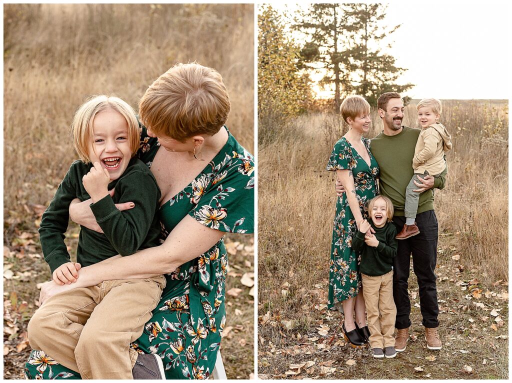Family of 4 dressed in greens and beige are being silly with each other during their family photos.