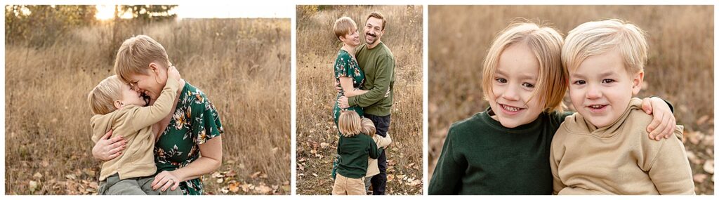 Mom, Dad and two young boys dressed in a green and beige fall color palette. They are outdoors in a field of tall golden grasses.