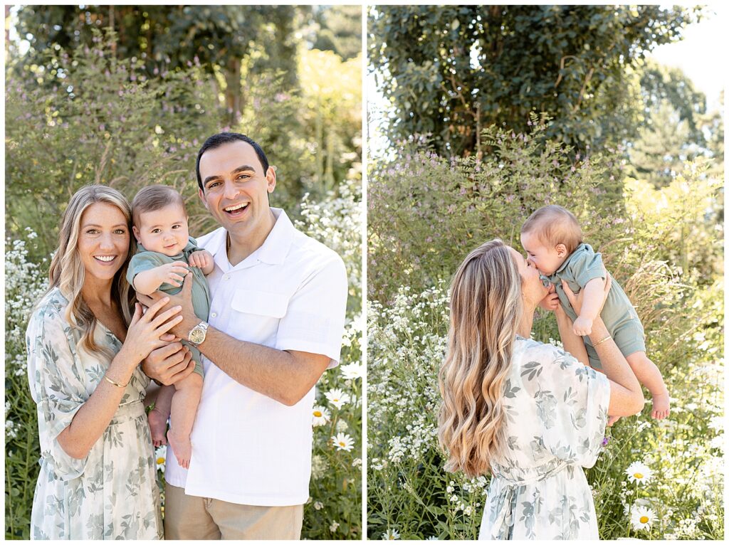 Two images side by side. Left image is of parents holding baby in between them and they are all smiling and looking at the family photographer. Right image is mom holding baby up and kissing him on the cheek.