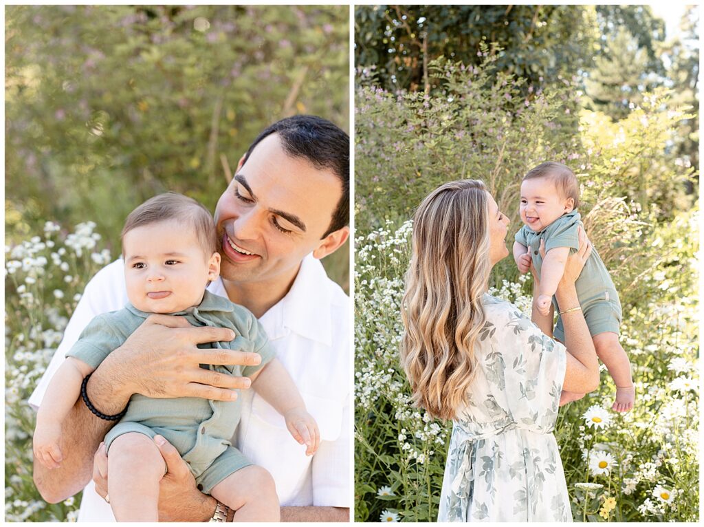 Two images. Left image of Dad holding 6 month old baby facing out and dad is looking down at baby. Baby is in sage green and dad is wearing a white button down. Right image is baby with mom. Mom is holding baby up facing her and we are seeing a profile of both subjects. Mom is wearing a green floral dress and baby is in sage green romper.