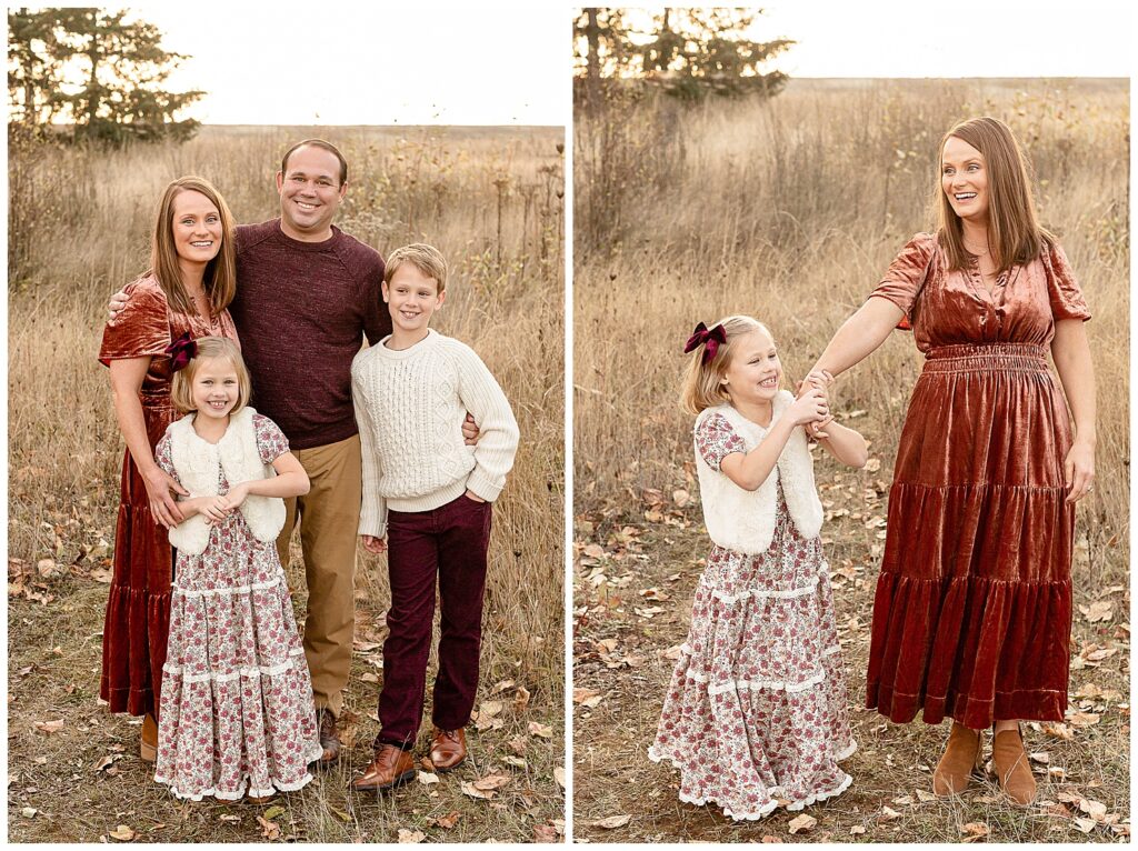 Family of four dressed in creams, tan, and burgundy at their fall family photography session in Portland, Oregon. 