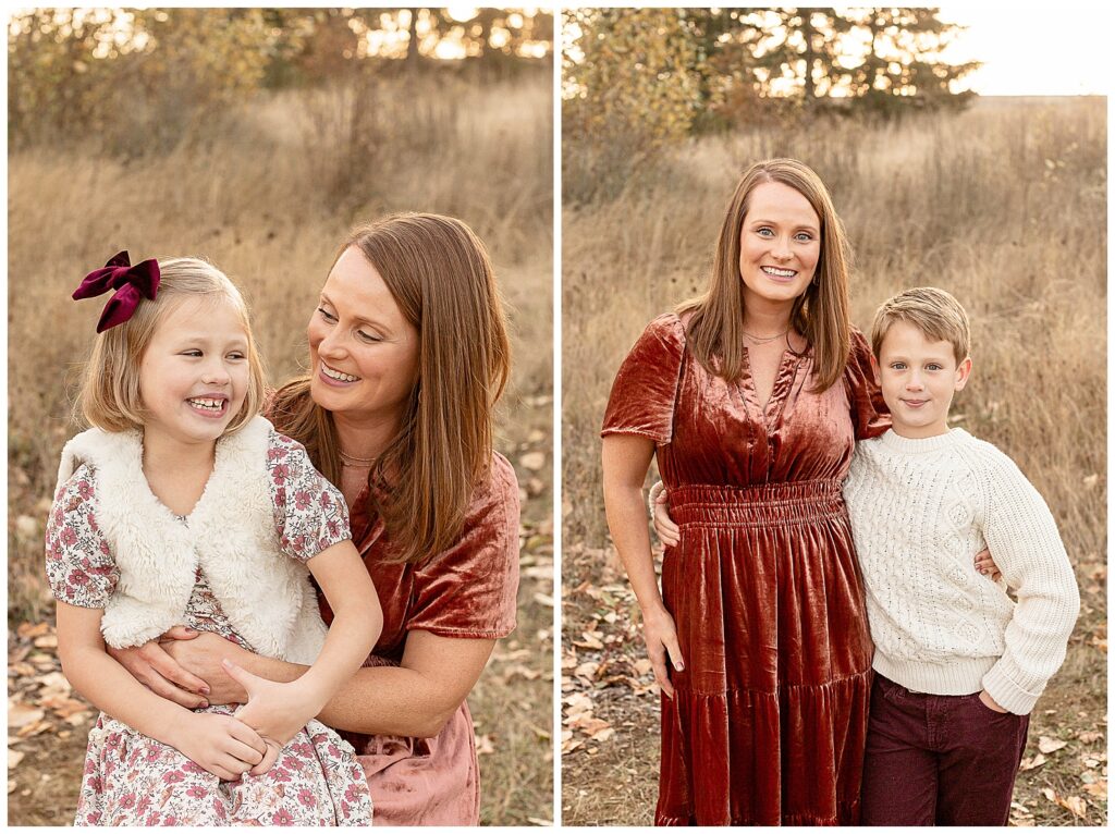 Two images of Mom with each of her kids. On the left she is holding her daughter in her lap and smiling at her. In the right-hand image she is standing next to her tween son and they are both smiling at the camera.  