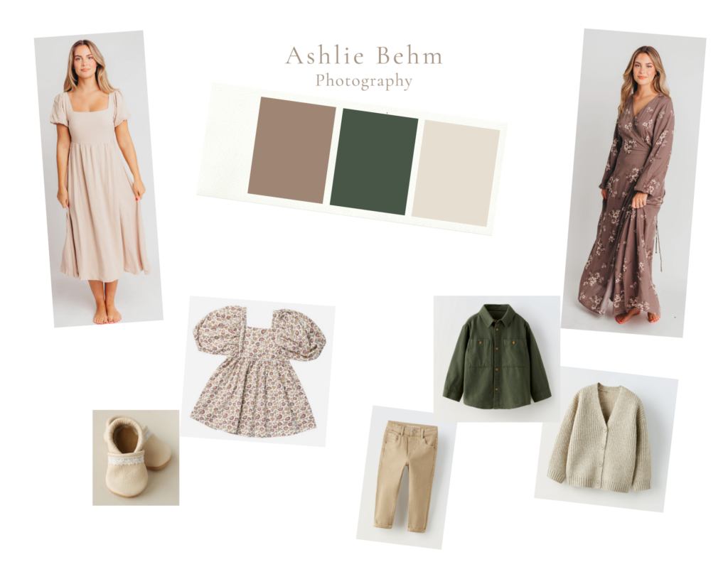 Vision Board with color scheme of taupe, green and beige for blog post about best colors for family pictures outside.