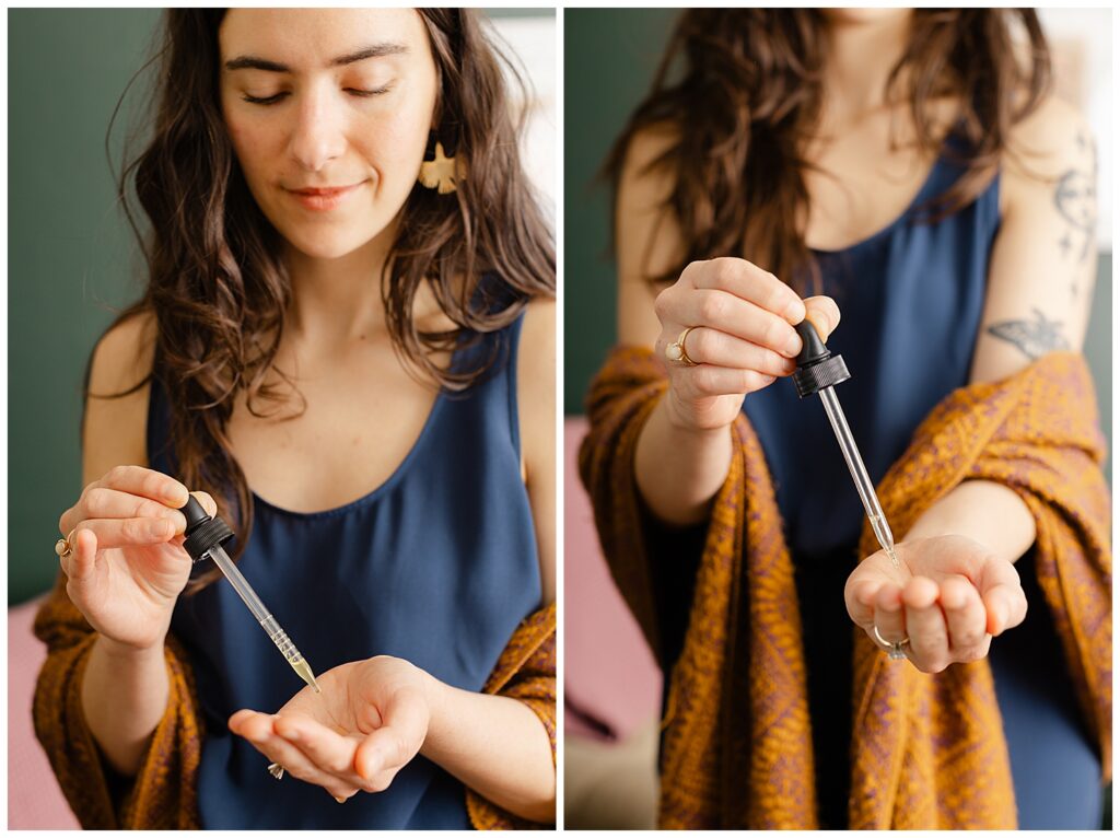 Prenatal Massage Therapist dripping oil into hands. Portland Oregon prenatal massage
