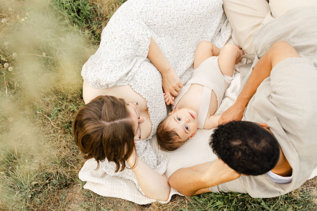 Family wearing coordinated outfits for professional photos